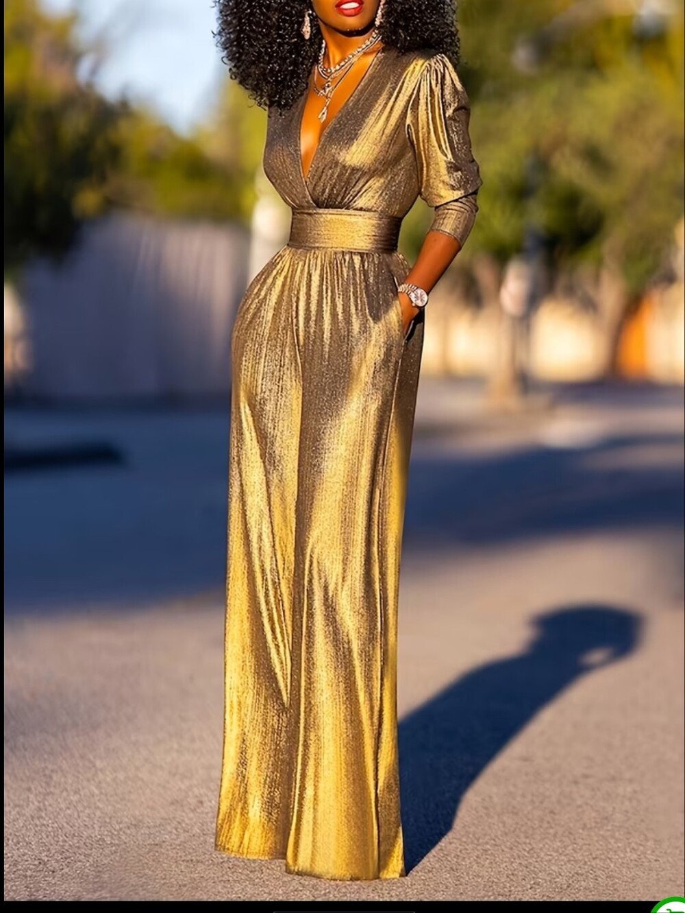 Women's Shiny Deep High Waist Wide- Jumpsuit - Elegant Three-Quarter Sleeve Body - Picture 3 of 8